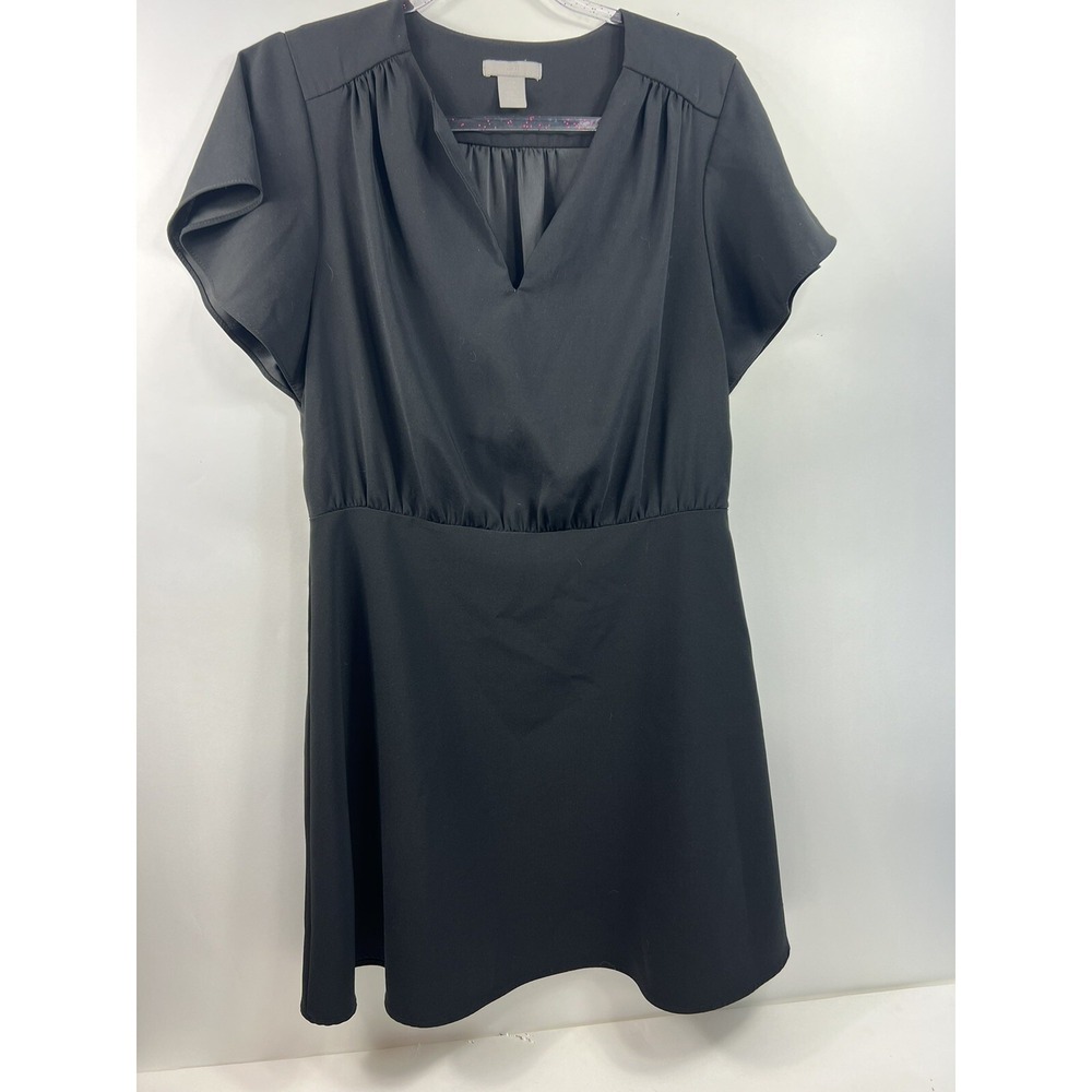 H&M Dress Women's Size 10 Black V-Neck Gathered Front and Back Side Zip A-Line
